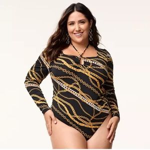 INTEMPO Long Sleeve Halter Bodysuit, Black Gold Chains Print, Plus Size 2X